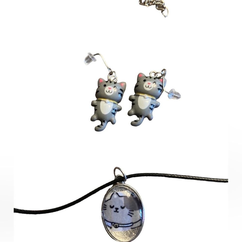 New cute grey cat necklace set